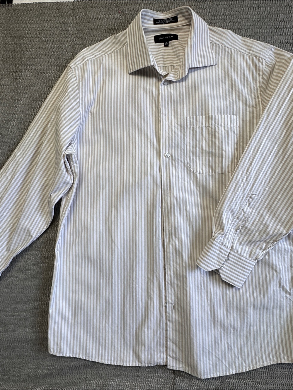 Jones New York Mens White Beige Stripe Dress Shirt 17 32/33 Mercerized Cotton LS